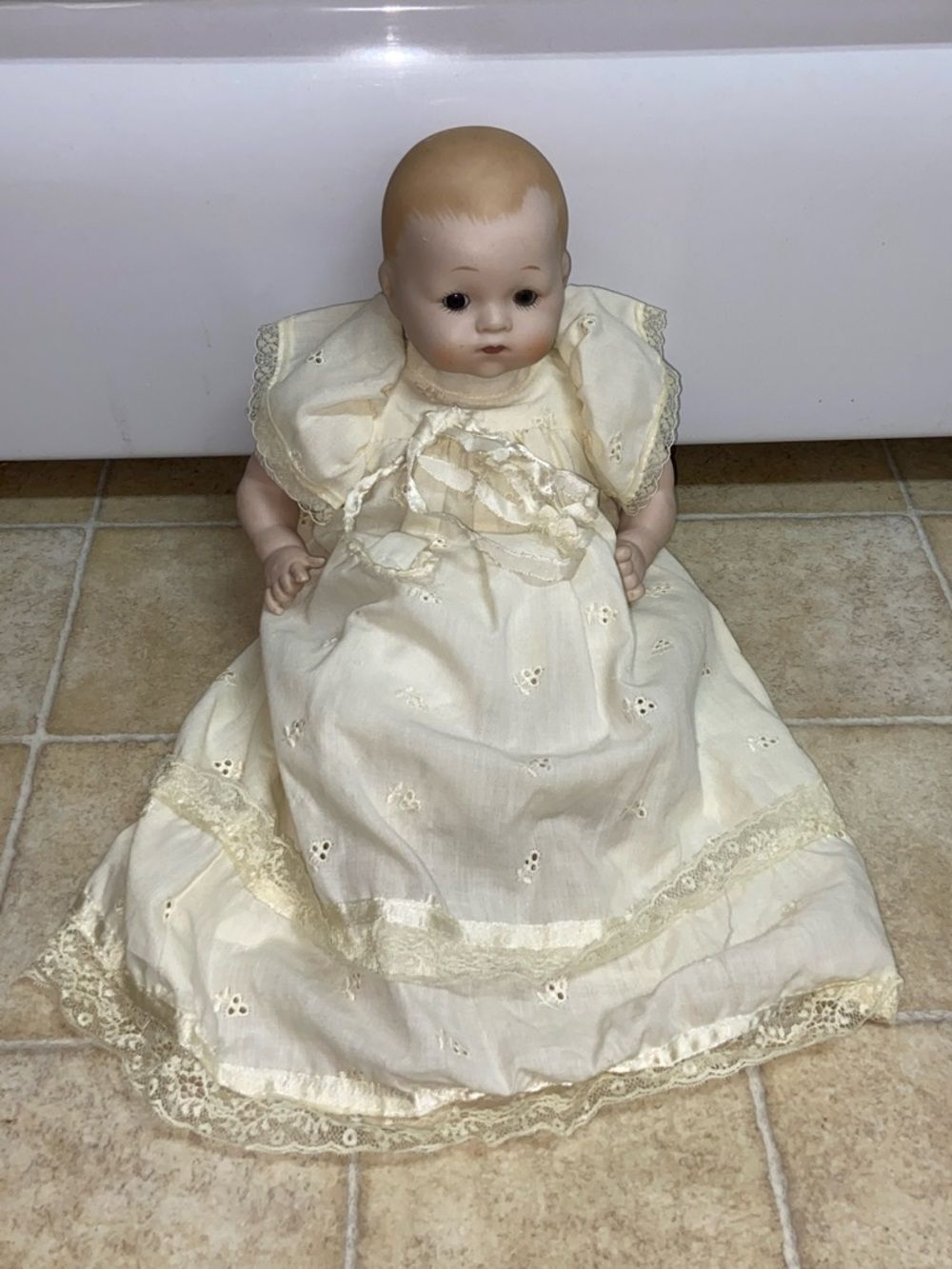 Antique Collectors Christening Doll with Lace Gown - Classic Baby Toy